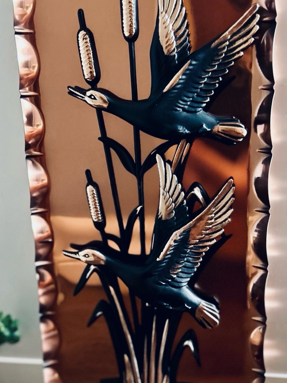 Vintage West Germany Copper Wall Art 3D
Flying Ducks Cattails MCM 12.5”